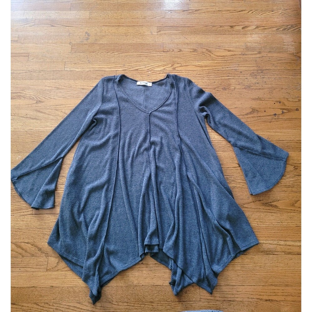 Three Bird Nest Gray Ribbed Oversized Bell Sleeve Tunic Top Size Small
